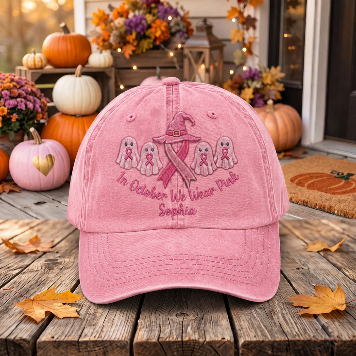 Custom Breast Cancer Distressed Washed Cotton Printed Hat , In October We Wear Pink Ghost Hat, Cancer Support Hat, Cancer Fighter Gifts