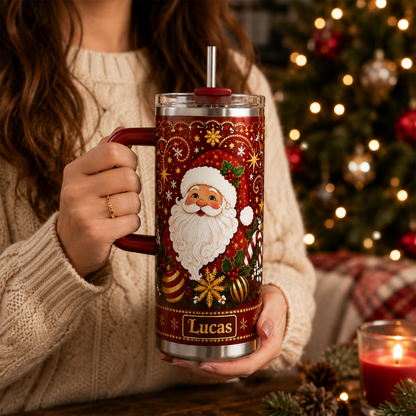 Personalized Christmas Santa Tumbler with Handle and Straw, Christmas Gift for Mom Dad, Santa Claus Travel Mug, Holiday Drinkware, Custom Name Cup