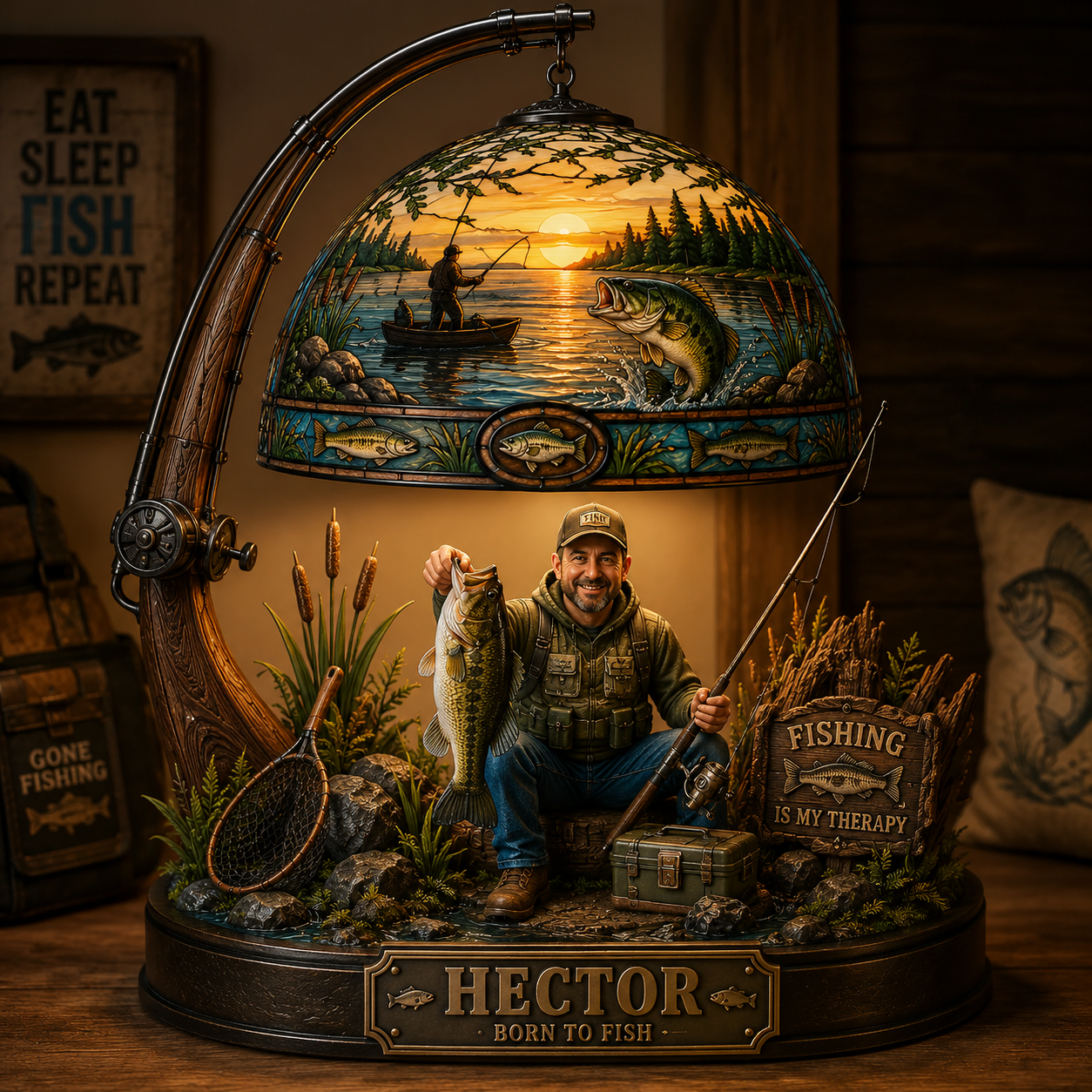 Personalized Fishing LED Night Light – Custom Angler Name Acrylic Lamp – Gone Fishing Decor Gift for Dad, Grandpa & Fisherman