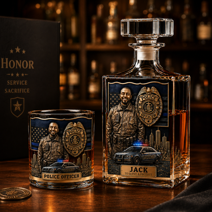 Personalized Police Officer Whiskey Decanter & Glass Set – Custom Photo Thin Blue Line Gift For Police Officer