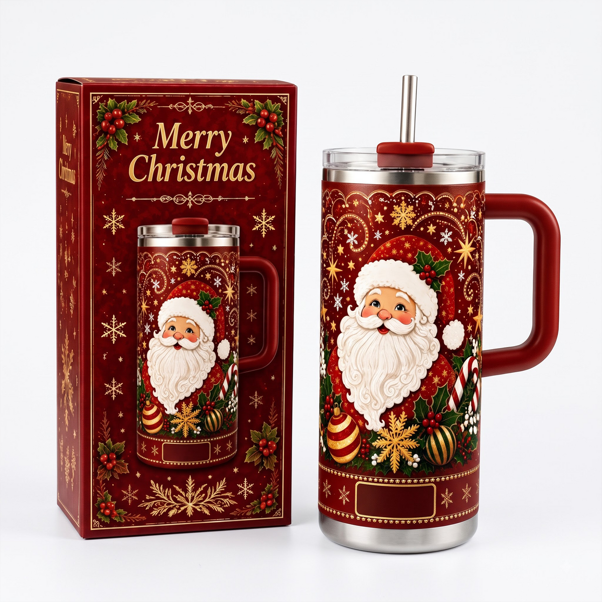 Personalized Christmas Santa Tumbler with Handle and Straw, Christmas Gift for Mom Dad, Santa Claus Travel Mug, Holiday Drinkware, Custom Name Cup