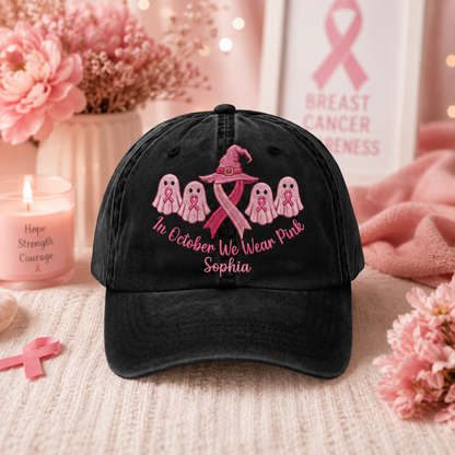Custom Breast Cancer Distressed Washed Cotton Printed Hat , In October We Wear Pink Ghost Hat, Cancer Support Hat, Cancer Fighter Gifts