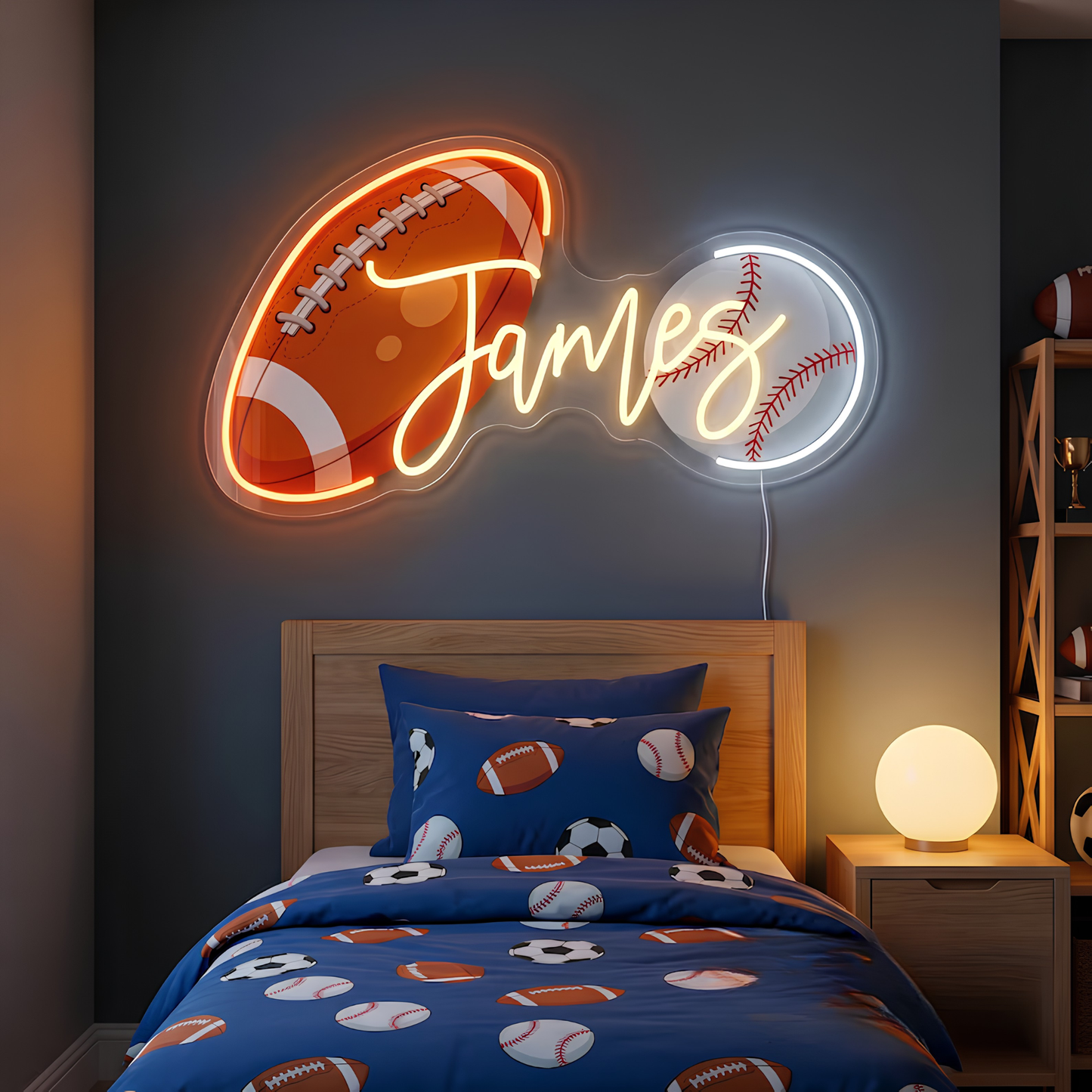 Personalized Sports Neon Sign – Custom Name Football, Baseball & Basketball Light for Kids Room
