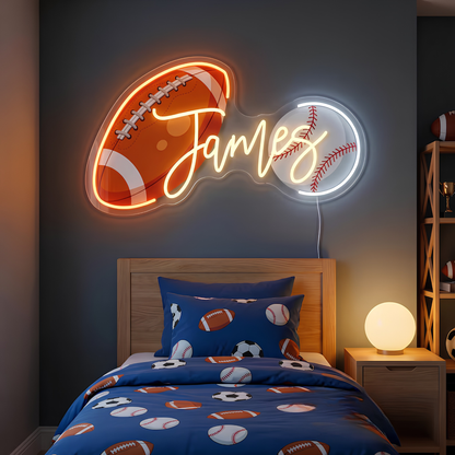 Personalized Sports Neon Sign – Custom Name Football, Baseball & Basketball Light for Kids Room