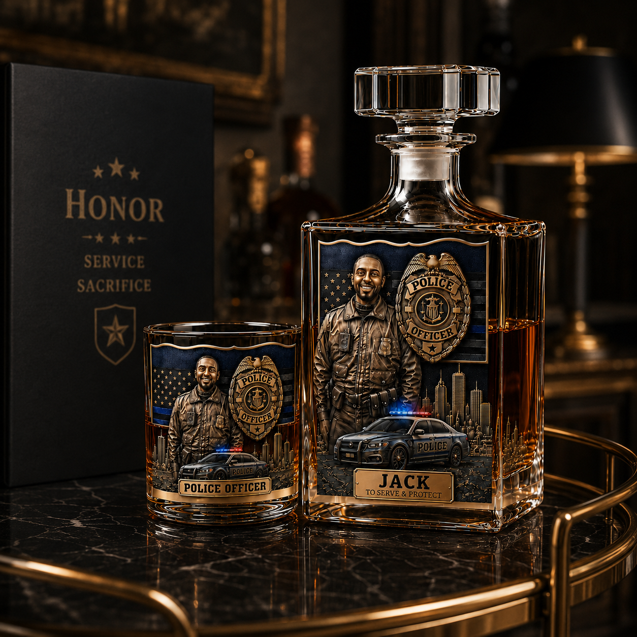 Personalized Police Officer Whiskey Decanter & Glass Set – Custom Photo Thin Blue Line Gift For Police Officer