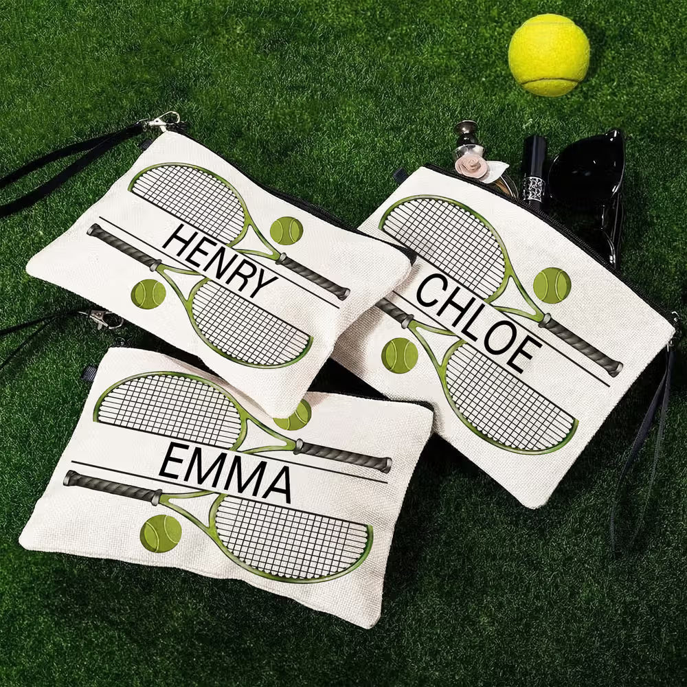 Personalised Tennis Theme Makeup Storage Bag with Name and Wrist Strap Travel Essentials Birthday Gift for Tennis Lovers