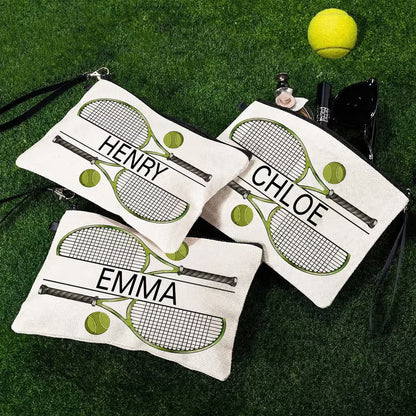 Personalised Tennis Theme Makeup Storage Bag with Name and Wrist Strap Travel Essentials Birthday Gift for Tennis Lovers