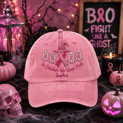 Custom Breast Cancer Distressed Washed Cotton Printed Hat , In October We Wear Pink Ghost Hat, Cancer Support Hat, Cancer Fighter Gifts