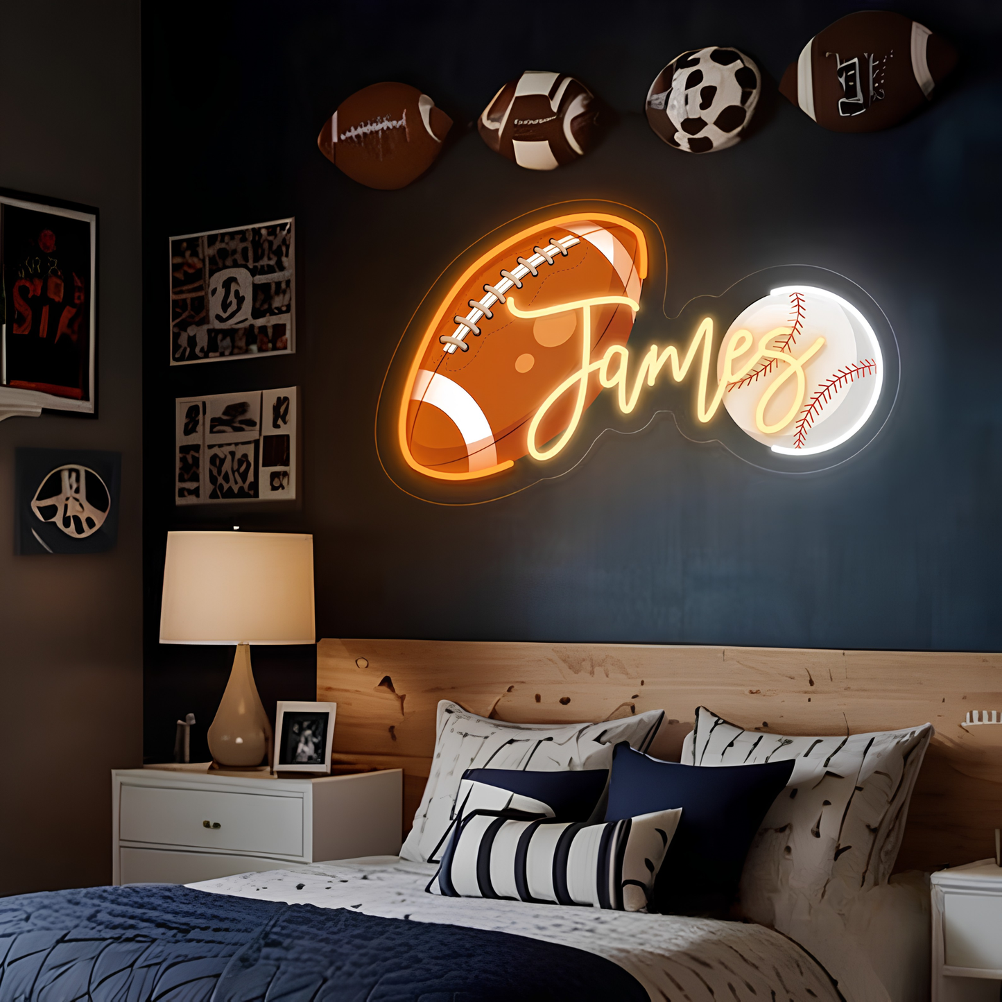 Personalized Sports Neon Sign – Custom Name Football, Baseball & Basketball Light for Kids Room