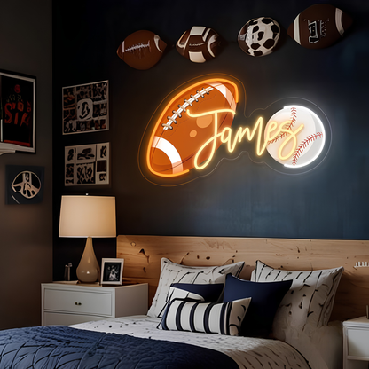 Personalized Sports Neon Sign – Custom Name Football, Baseball & Basketball Light for Kids Room