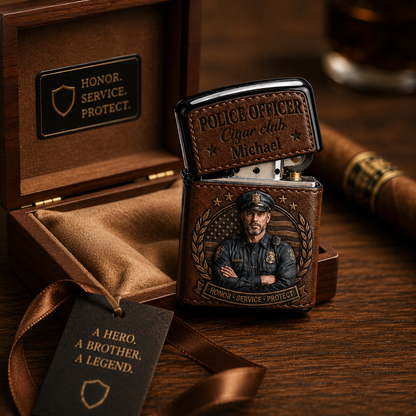 Personalized Police Officer Leather Flip-Top Lighter – Custom Name Honor Service Protect Gift For Him