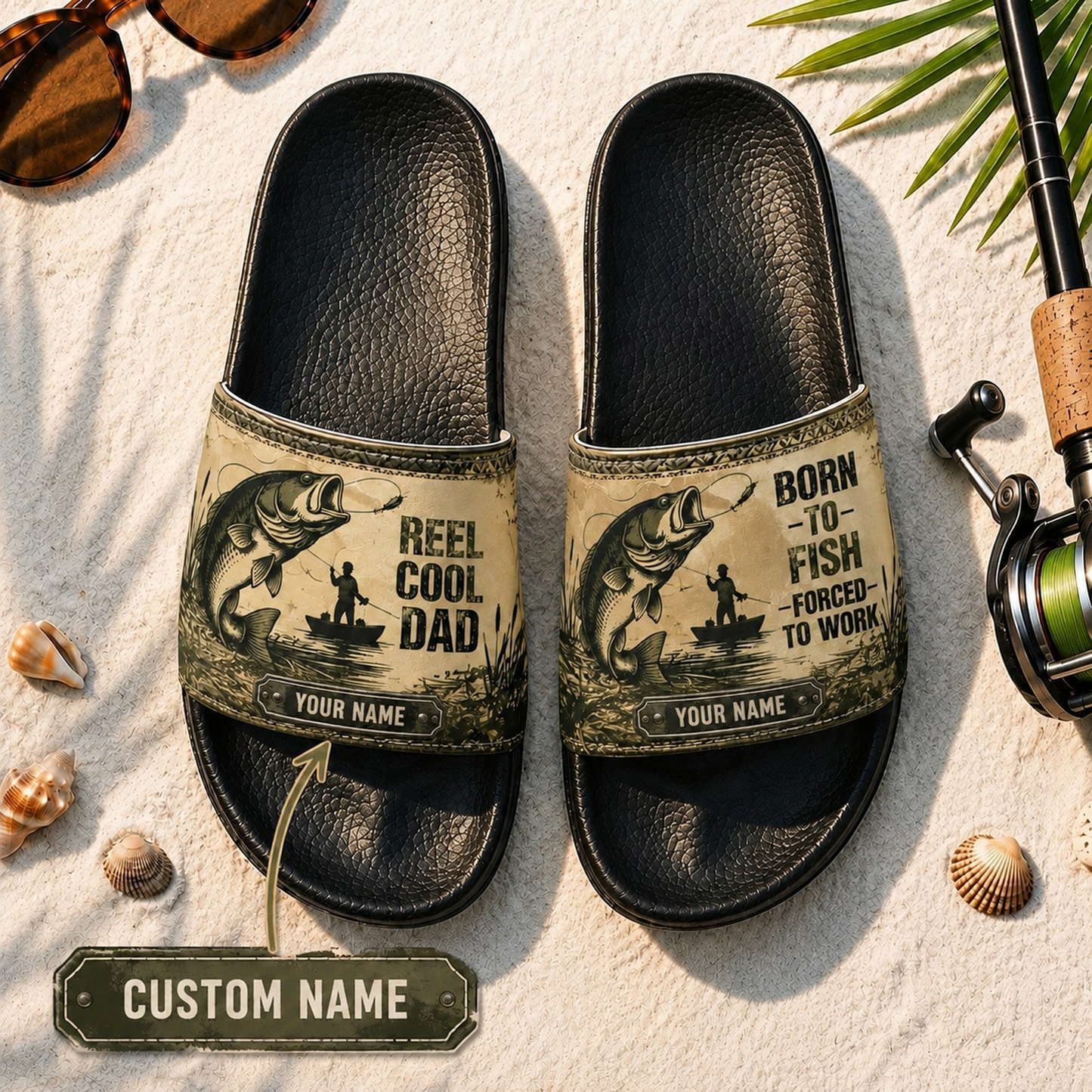 Personalized Fishing Dad Slide Sandals – Reel Cool Dad, Born To Fish Custom Name Gift for Fishermen