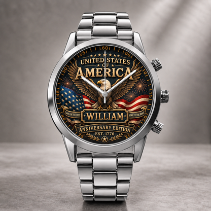 Personalized United States of America Anniversary Men’s Watch – Custom Name Patriotic Eagle Watch, American Pride Gift for Him