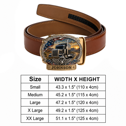 Personalized American Trucker Leather Ratchet Belt – Custom Name Truck Buckle Belt for Men