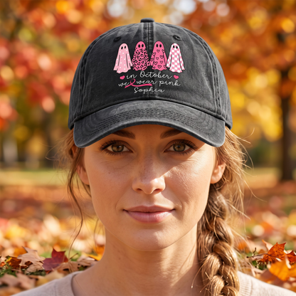 Custom Breast Cancer Distressed Washed Cotton Printed Hat , In October We Wear Pink Ghost Hat, Cancer Support Hat, Cancer Awareness Shirt, Cancer Fighter Gifts