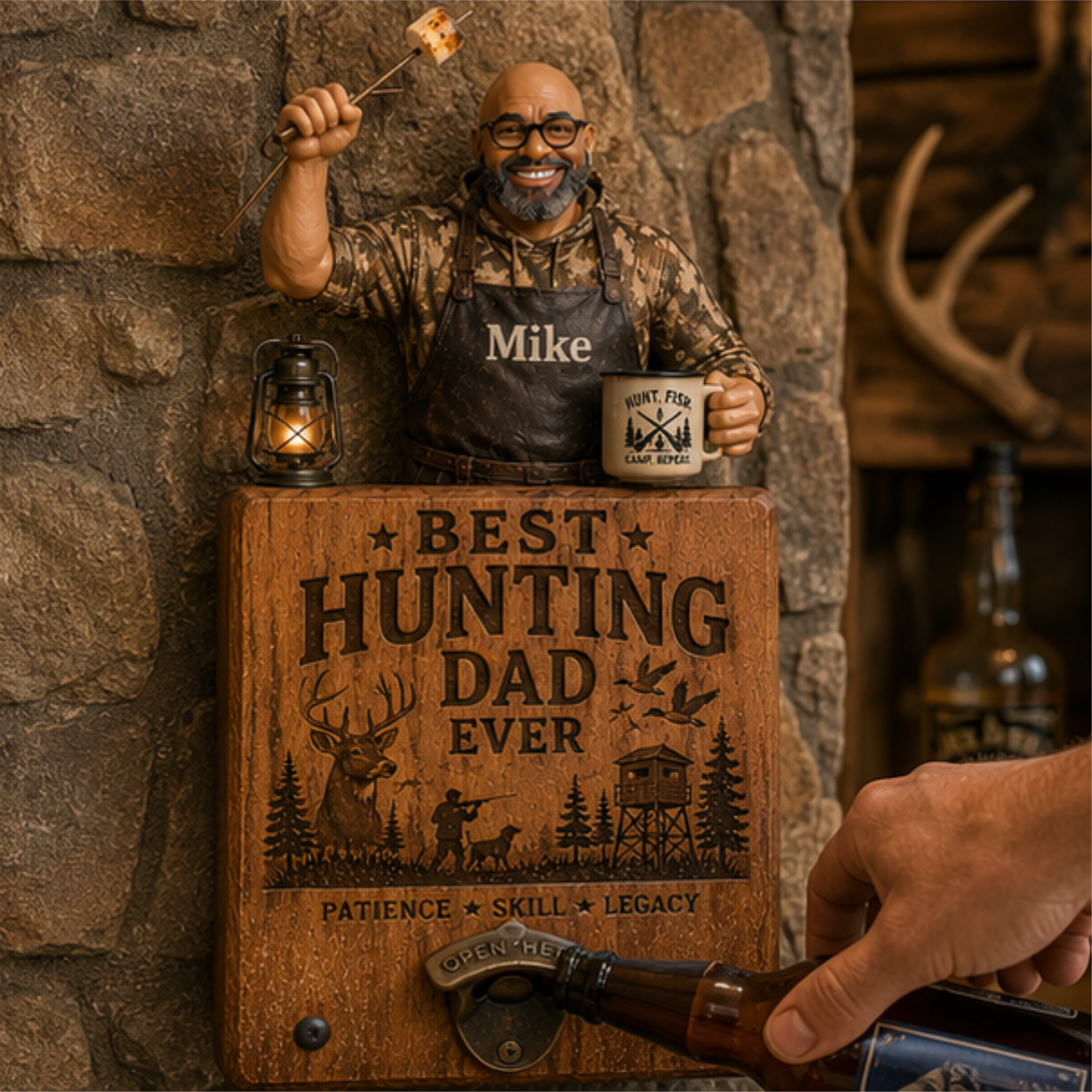 Personalized Best Hunting Dad Ever Wall Bottle Opener – Custom Photo Wooden Hunting Gift for Dad