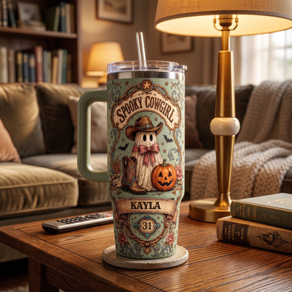 Personalized Spooky Cowgirl Tumbler 40oz, Custom Name Halloween Western Tumbler, Ghost Cowgirl Travel Mug with Handle, Cute Cowgirl Gift