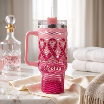 Custom Name Breast Cancer Survivor Gift – Personalized Pink Ribbon 40oz Tumbler With Handle