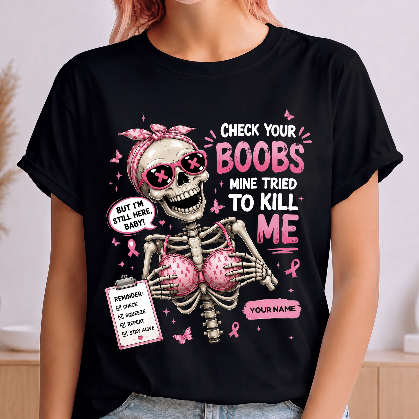 Personalized Check Your Boobs Breast Cancer Awareness T-Shirt – Funny Survivor Support Tee With Custom Name