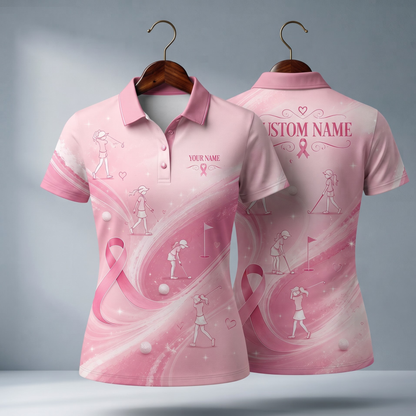 Personalized Funny Stick Figure Women’s Golf Polo Shirt – Breast Cancer Awareness Pink Golf Shirt