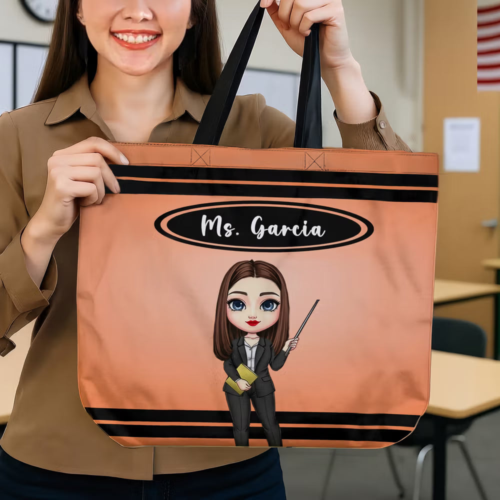 Personalised Pencil Crayon Cartoon Teacher Large Capacity Tote Bag with Name Teacher's Day Back to School Appreciation Birthday Gift for Teacher