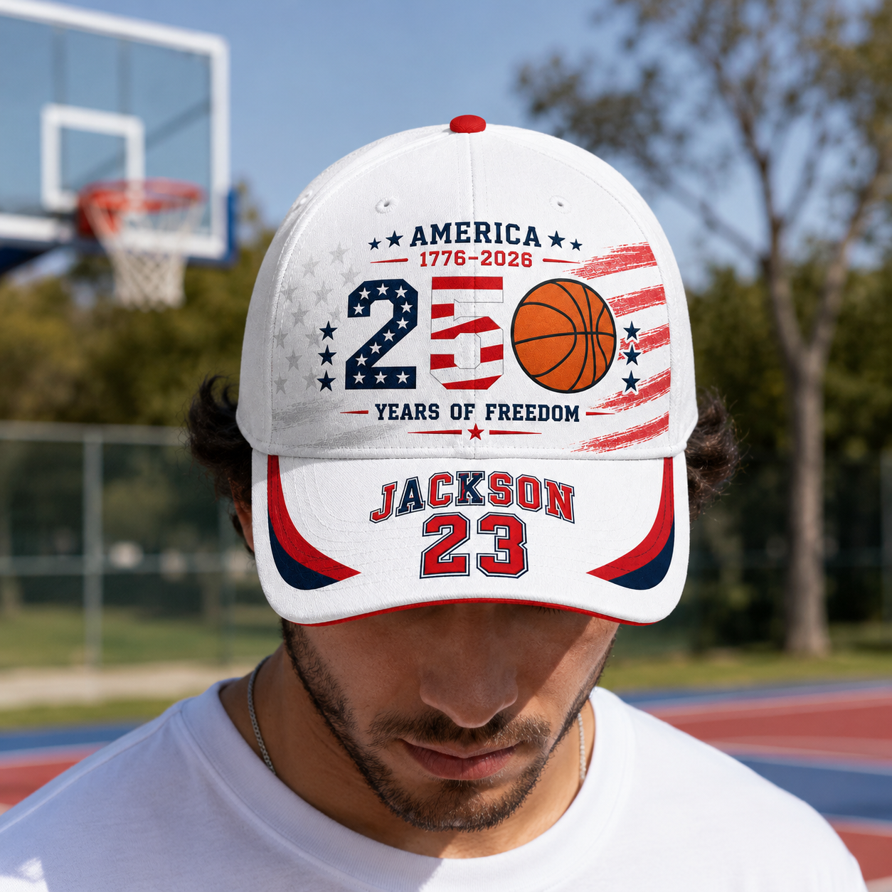 America 250th Anniversary Basketball Personalized Baseball Cap, Custom Name & Number Patriotic