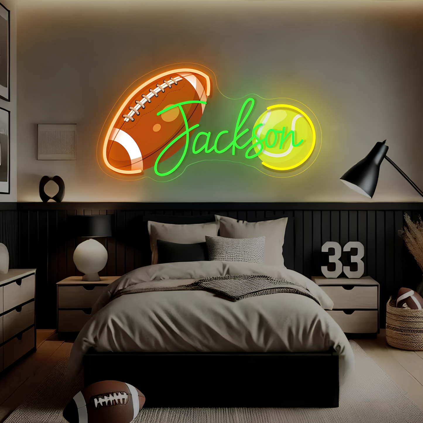 Personalized Sports Neon Sign – Custom Name Football, Baseball & Basketball Light for Kids Room