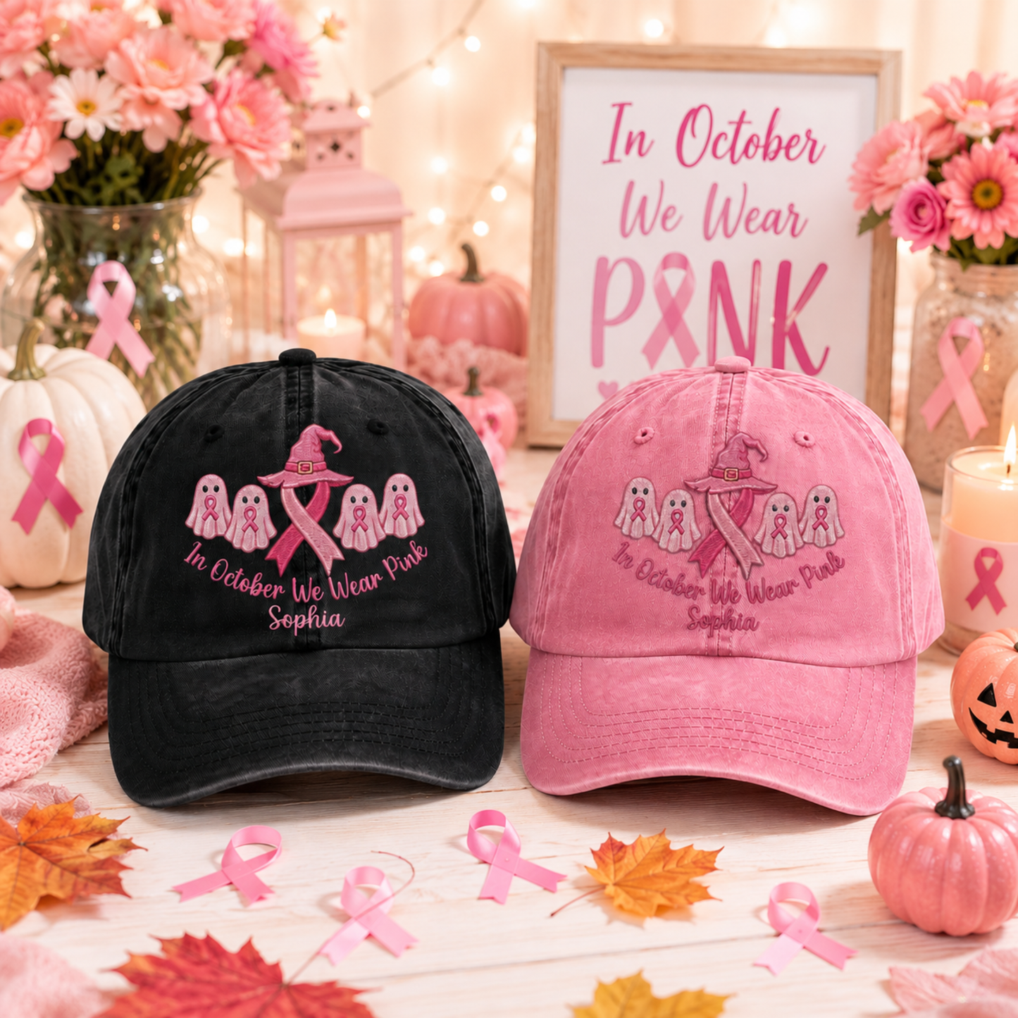 Custom Breast Cancer Distressed Washed Cotton Printed Hat , In October We Wear Pink Ghost Hat, Cancer Support Hat, Cancer Fighter Gifts