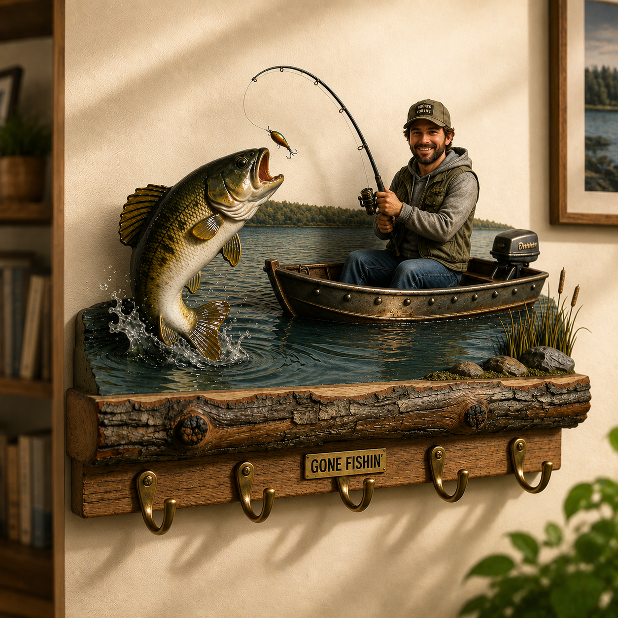 Personalized Fishing Wall Mounted Key Holder – Custom Rustic Hook Rack Gift For Fisherman