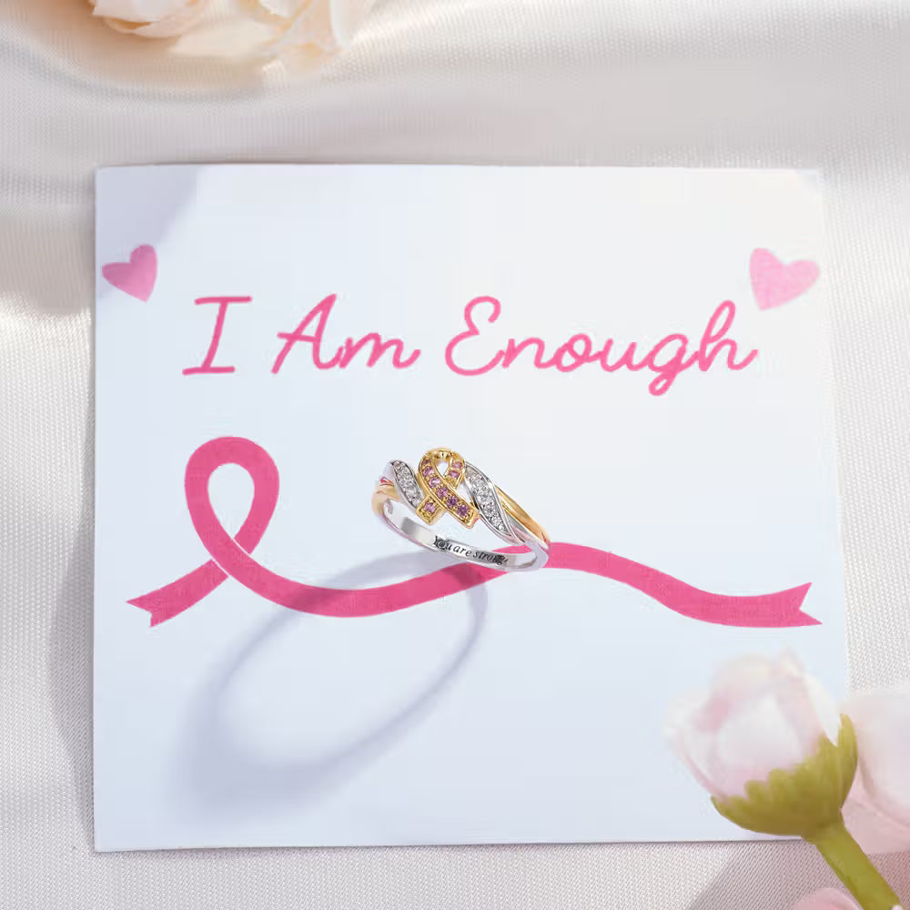 Personalised Breast Cancer Awareness Ring with Pink Ribbon Engraving, Inspirational Encouragement Card Gift for Women