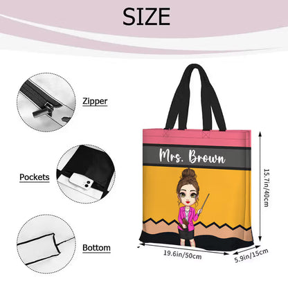 Personalised Pencil Crayon Cartoon Teacher Large Capacity Tote Bag with Name Teacher's Day Back to School Appreciation Birthday Gift for Teacher