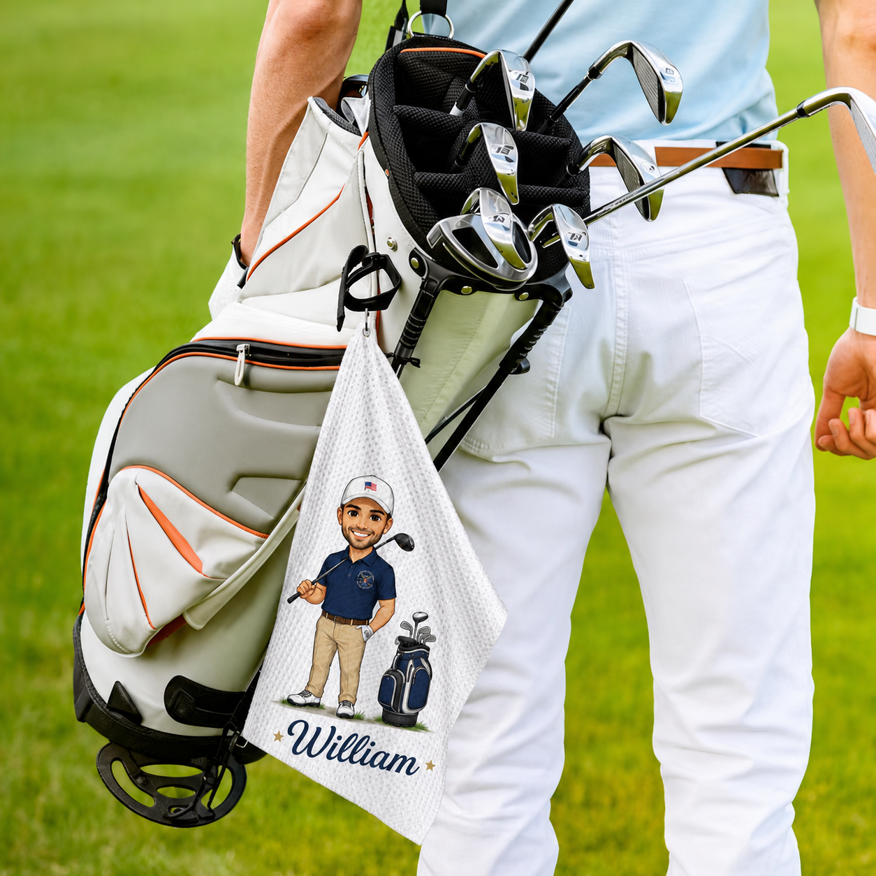 Personalised Cartoon Character Absorbent Waffle Golf Towel with Name and Initial Hanging Clip Sports Accessories Birthday Gift for Golf Player