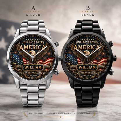 Personalized United States of America Anniversary Men’s Watch – Custom Name Patriotic Eagle Watch, American Pride Gift for Him