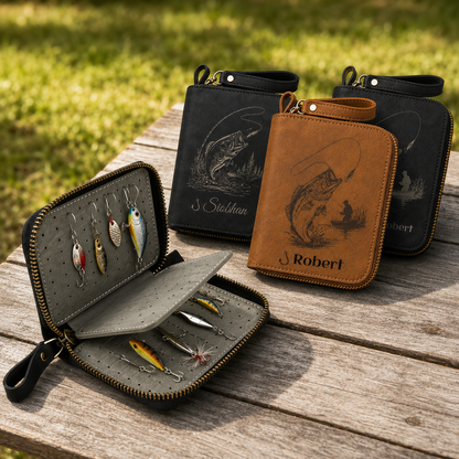 Personalized Leather Fishing Lure Storage Wallet – Custom Name Tackle Organizer Bag for Fishermen