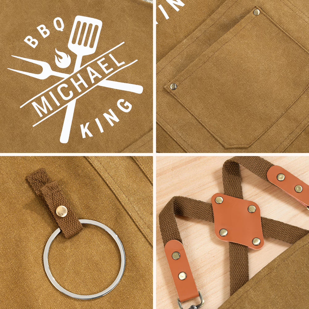 Personalised BBQ King Canvas Apron with Name and Pocket Kitchen Accessory Father's Day Birthday Anniversary Gift for Dad Husband Cooking Lover