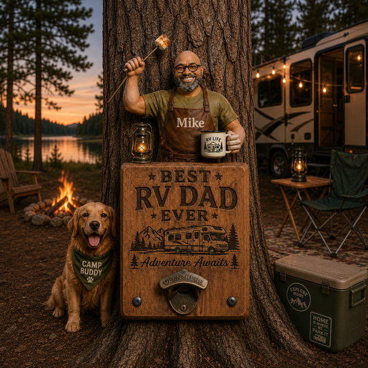Personalized Best RV Dad Ever Wall Bottle Opener – Custom Photo Wooden RV Camping Sign, Adventure Gift for Dad