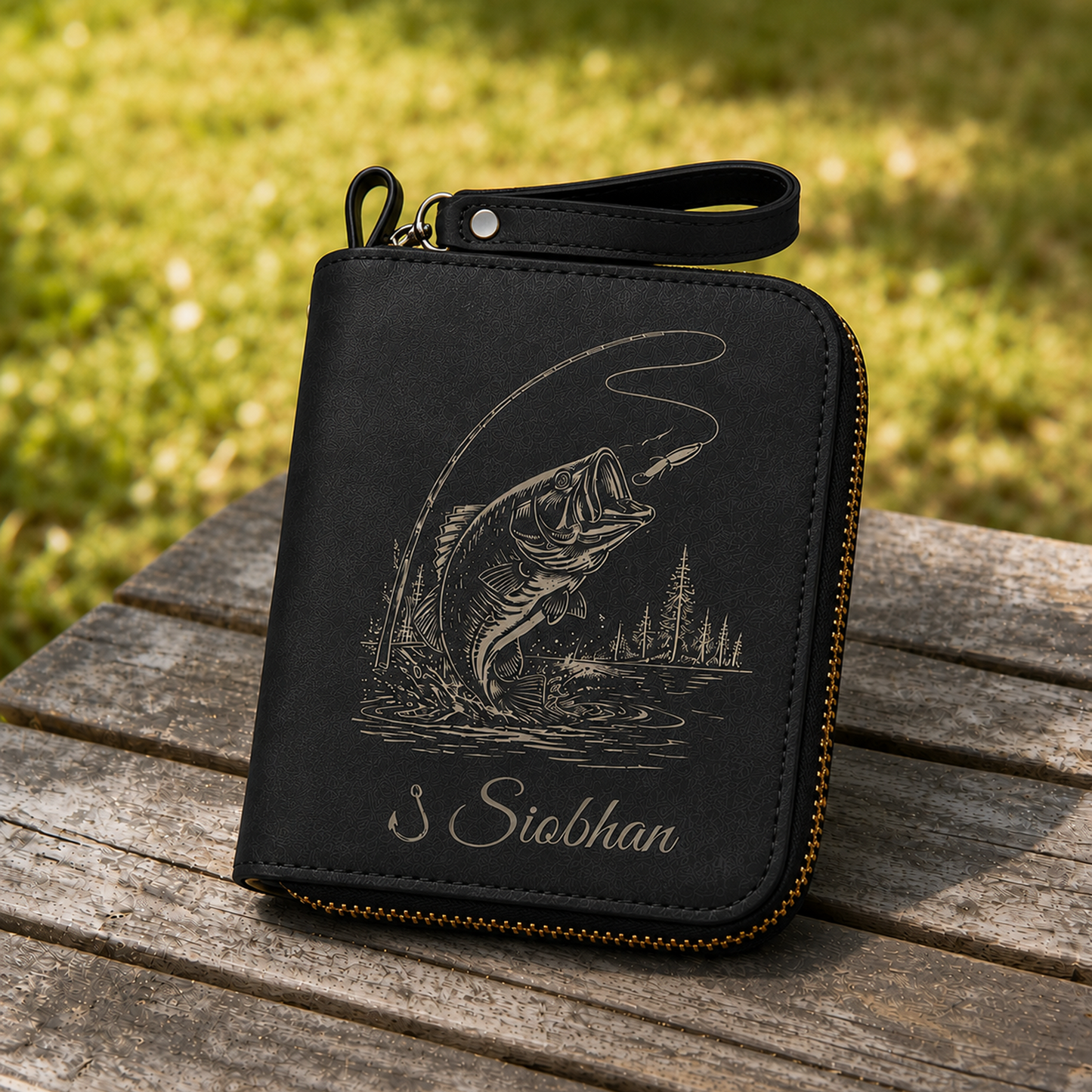 Personalized Leather Fishing Lure Storage Wallet – Custom Name Tackle Organizer Bag for Fishermen