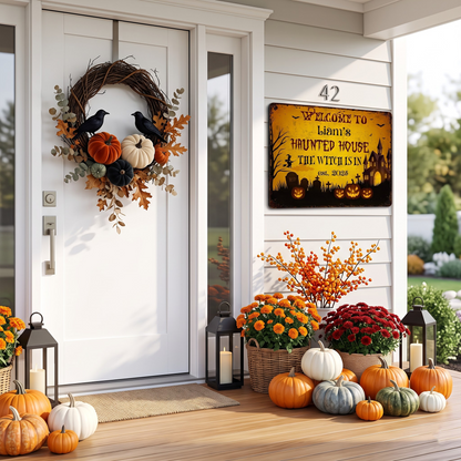 Welcome To Haunted House, The Witch Is In, Personalized Metal Sign, Gift For Halloween Enthusiasts