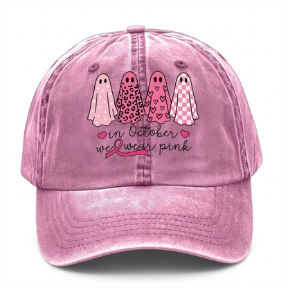 Custom Breast Cancer Distressed Washed Cotton Printed Hat , In October We Wear Pink Ghost Hat, Cancer Support Hat, Cancer Awareness Shirt, Cancer Fighter Gifts