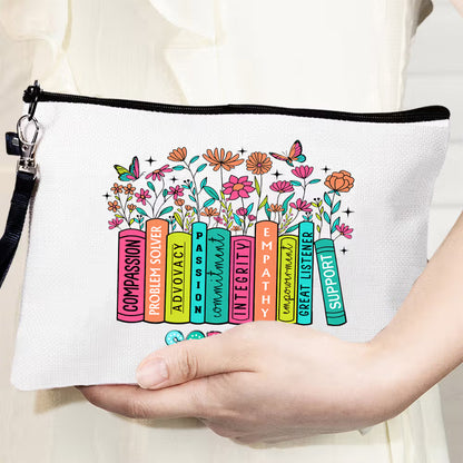 Personalized Colourful Letters Floral Book Pencil Linen Wristlet Makeup Bag with Name Appreciation Back to School Gift for Teacher
