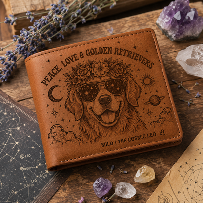 Personalized Boho Dog Lover Leather Wallet, Custom Pet Name Wallet, Peace Love Dog Engraved Bifold Wallet, Celestial Floral Dog Gift for Pet Owners