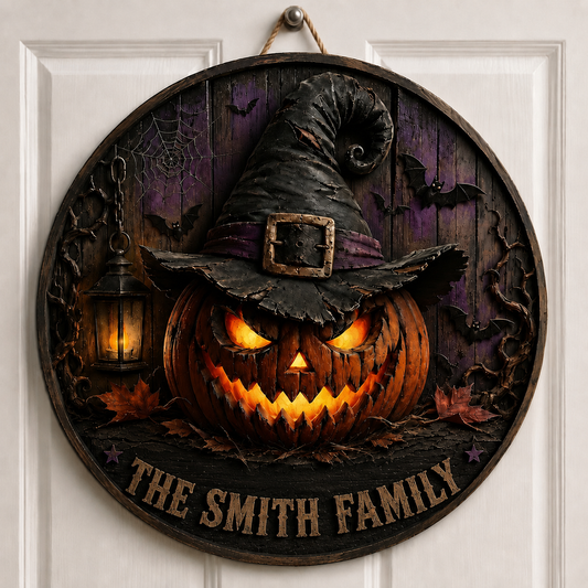 Personalized Halloween Pumpkin Witch Door Sign – Custom Family Name Wooden Hanging Decor