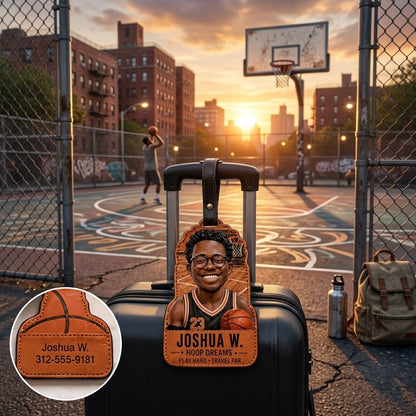 Personalized Basketball Photo Leather Luggage Tag – Custom Name Travel Bag Tag Gift
