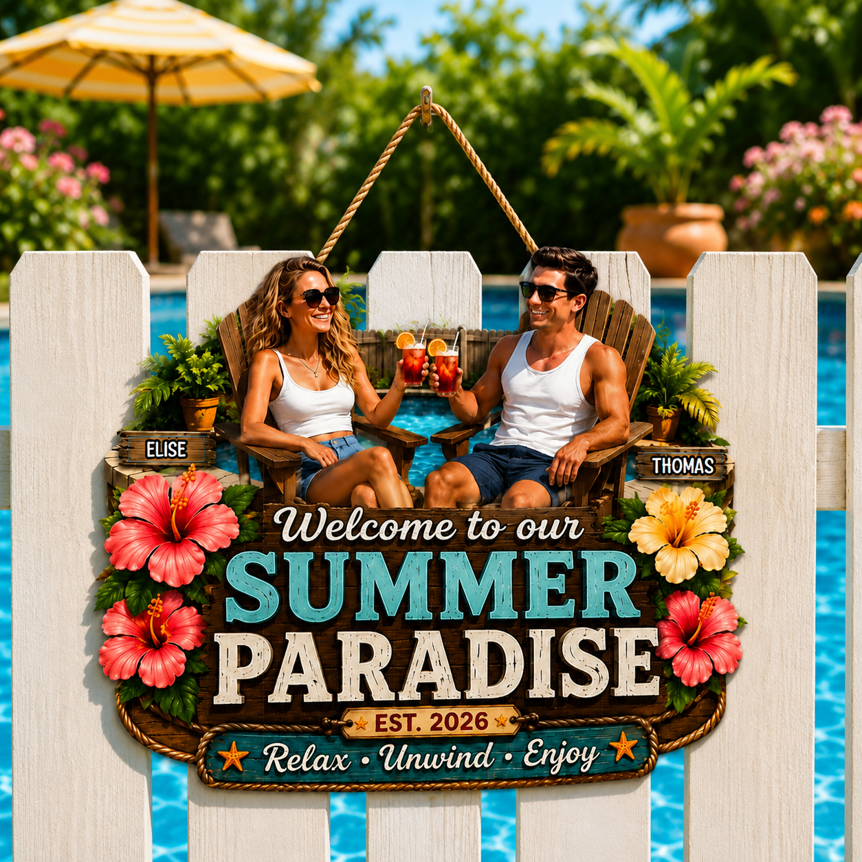 Summer Vibe Welcome To Our Poolside Paradise - Personalized Wood Sign - Gift For Couple, Summer Porch, Patio, Bar Decoration