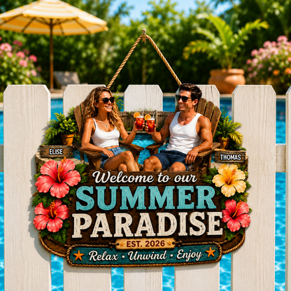Summer Vibe Welcome To Our Poolside Paradise - Personalized Wood Sign - Gift For Couple, Summer Porch, Patio, Bar Decoration