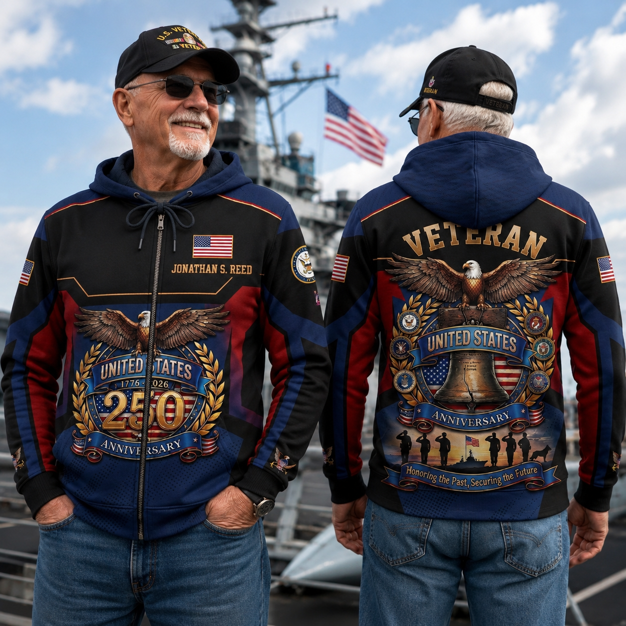 Personalized U.S. Veteran 250th Anniversary Zip Hoodie, Custom Name Military Hoodie, Patriotic United States 1776–2026 Veteran Gift