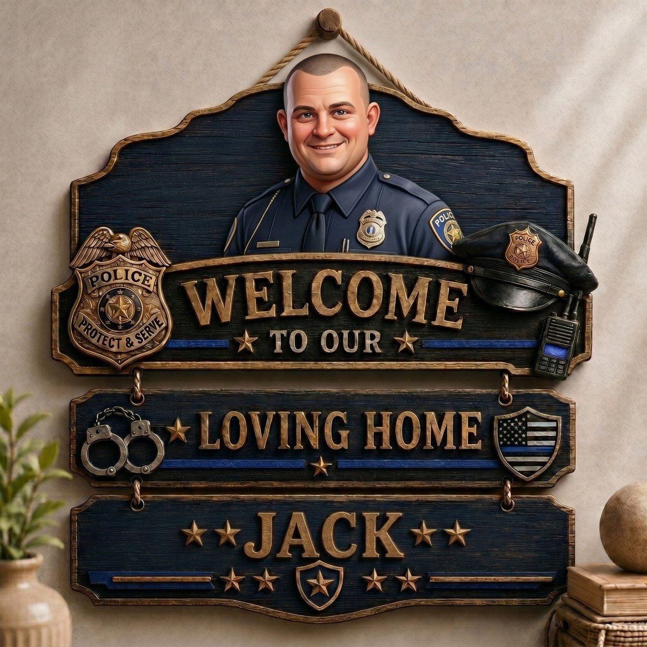 Personalized Police Welcome To Our Loving Home Pallet Wood Sign – Custom Photo Rustic Wall Decor
