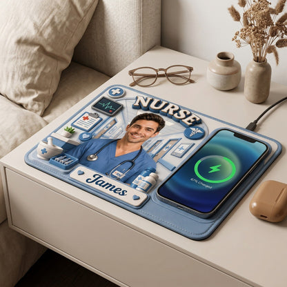 Personalized Nurse Custom Photo Wireless Charging Mat – Custom Name PU Leather Desk Mat, Nurse Gift
