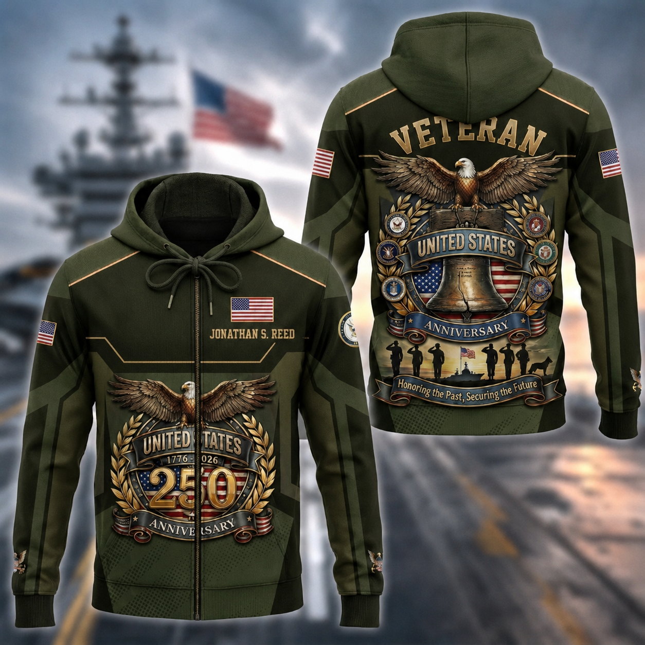 Personalized U.S. Veteran 250th Anniversary Zip Hoodie, Custom Name Military Hoodie, Patriotic United States 1776–2026 Veteran Gift