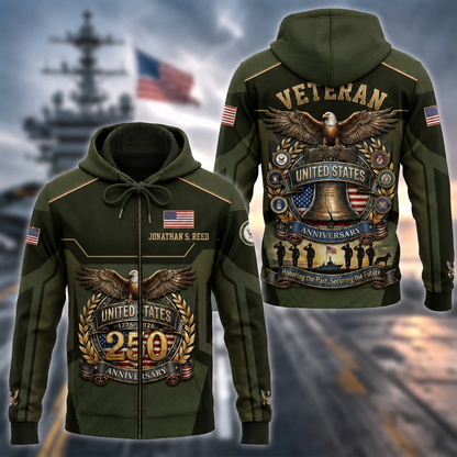 Personalized U.S. Veteran 250th Anniversary Zip Hoodie, Custom Name Military Hoodie, Patriotic United States 1776–2026 Veteran Gift
